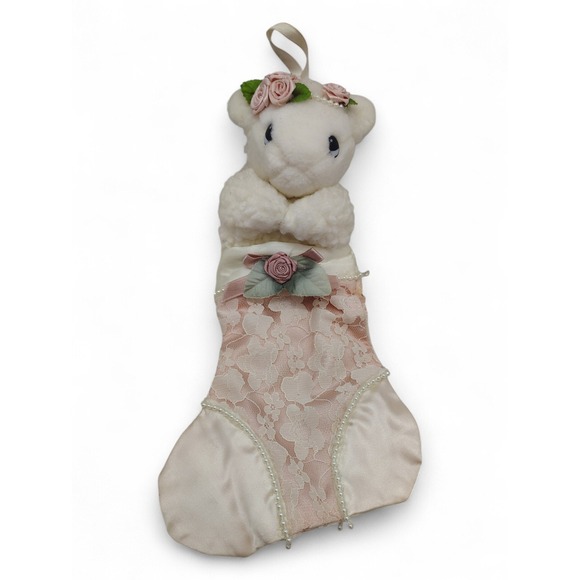 Teddy Bear Christmas Stocking • White Plush + Rose Lace • Pearl Trim • 10" - Picture 1 of 12